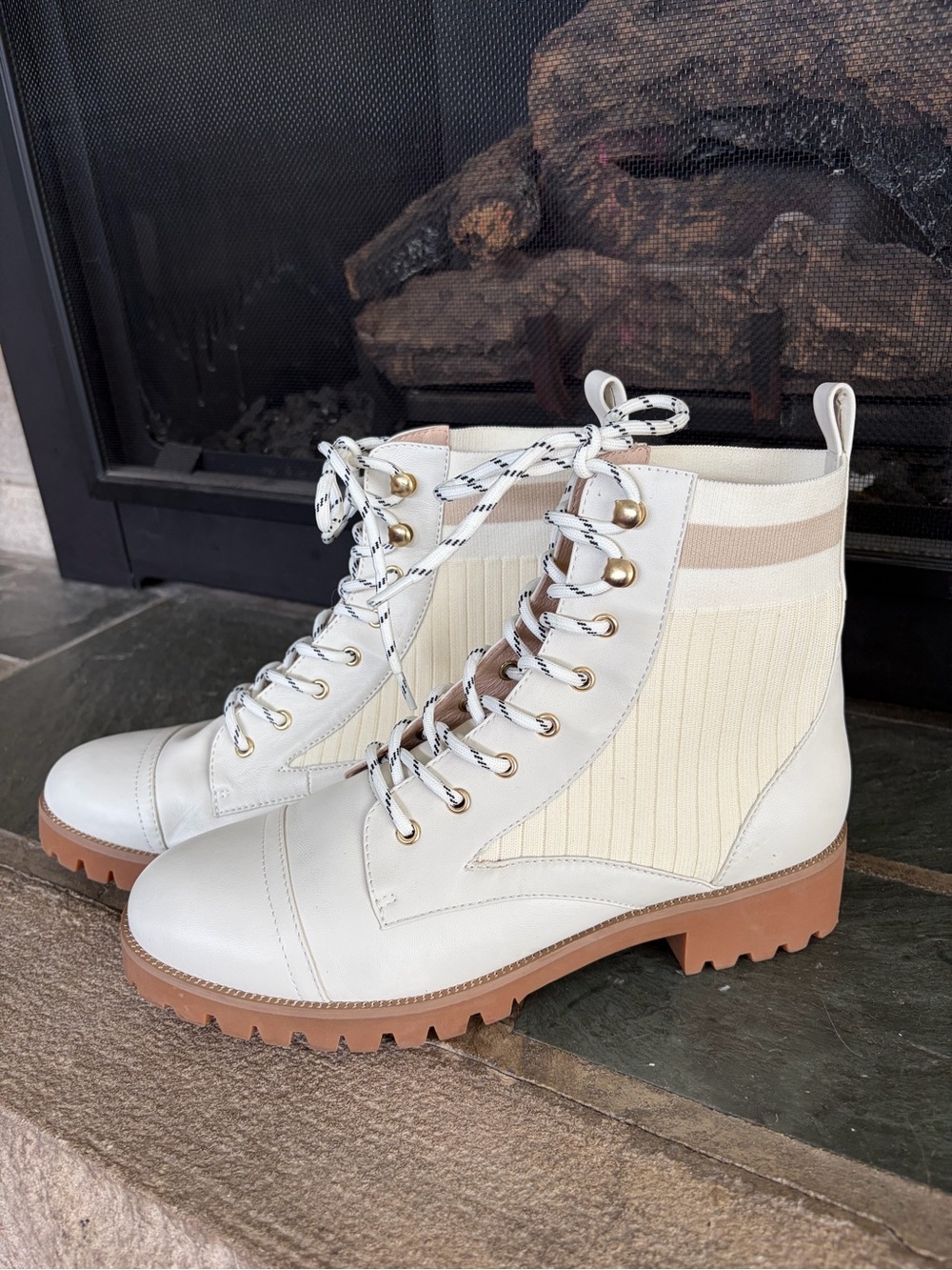 CECELIA NEW YORK Cream Lace-Up Ribbed Ankle Boots with Tan Lug Sole
